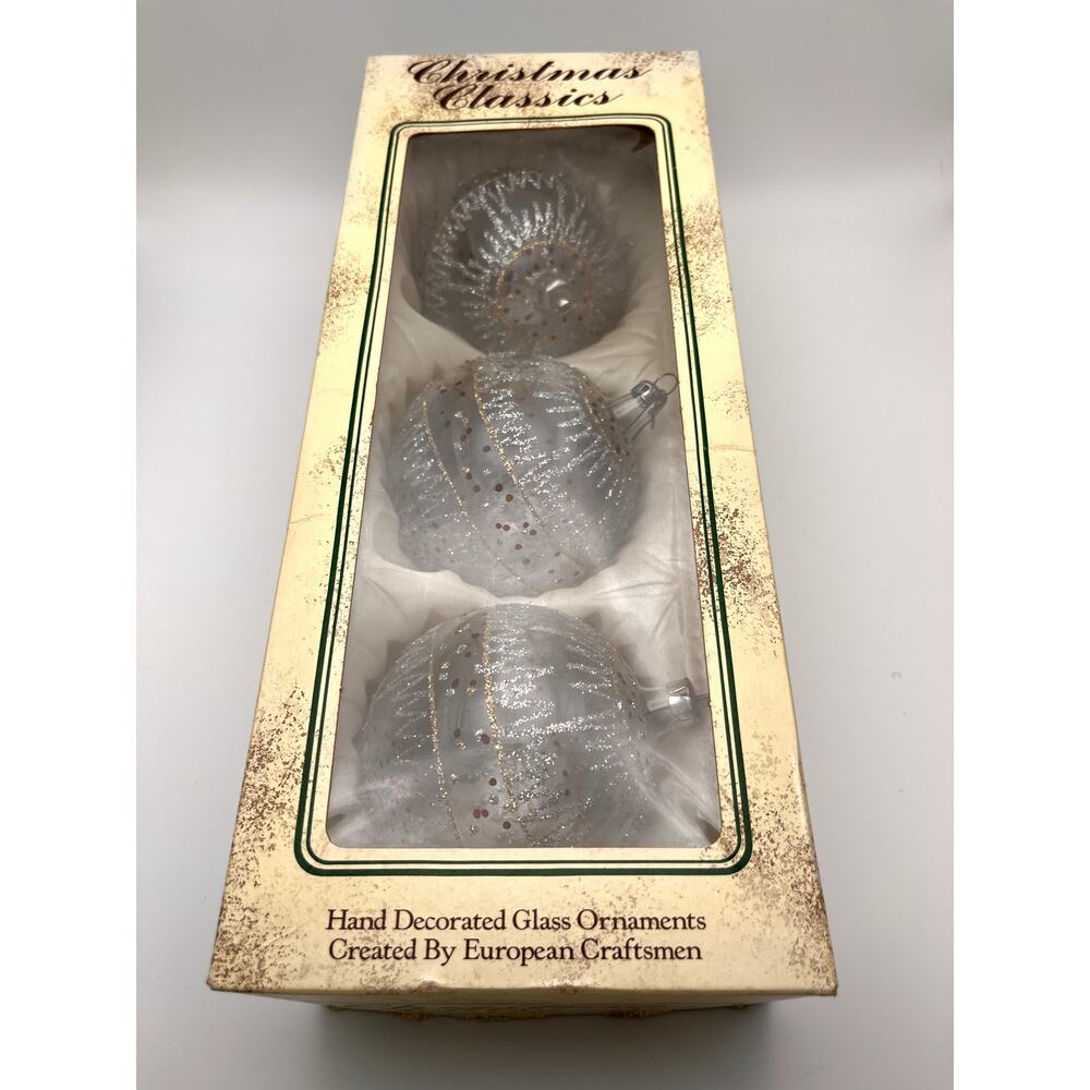 3 Vintage Christmas Classics Hand Decorated Clear Round Glass Ornaments Romania